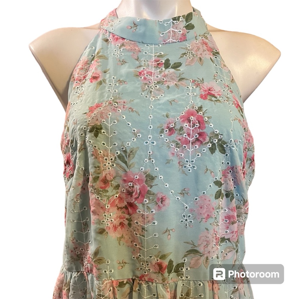 Eliza J Embroidered Floral Halter Neck Cut Out Back summer Dress Mint Size 14 - Picture 5 of 10